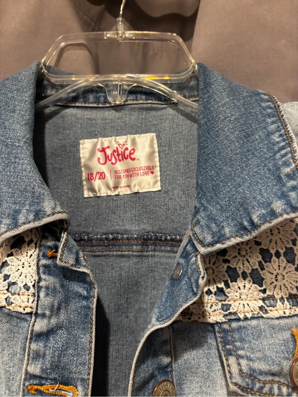 Justice Light Wash Denim Vest with Crochet detail